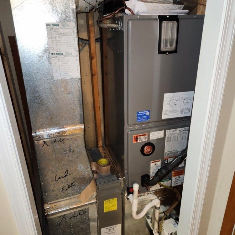 Air handler with new sealed supply plenum and service clearance in a framed mechanical space
